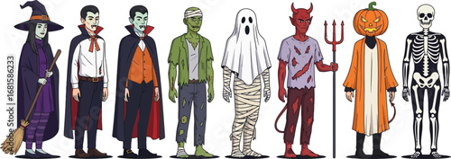 Illustration of halloween characters including a witch vampire mummy ghost devil and pumpkin head skeleton