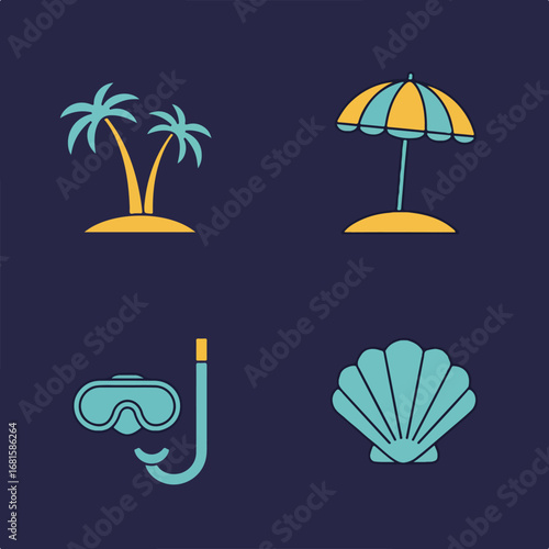 Vacation Beachy flat icon set with palms, umbrella, snorkel and seashell