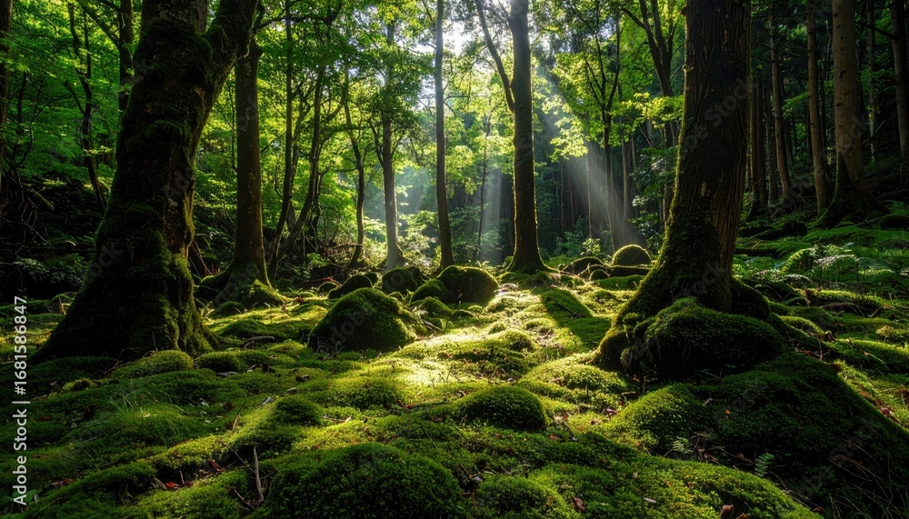 Obraz premium Sunlight Filtering Through Trees in a Lush Green Forest Scene