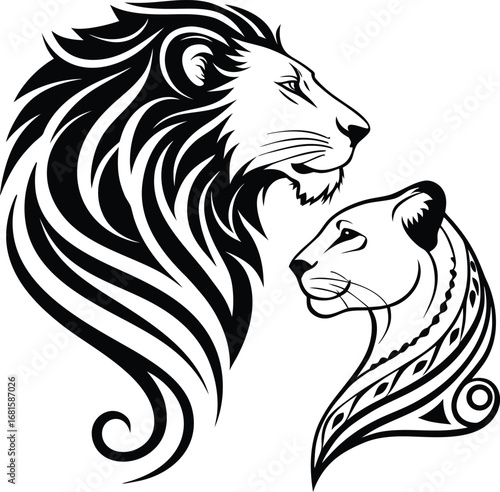 two lions vector, lion couple vector, male and female lions, lion profile illustration, majestic lion vector, lioness vector