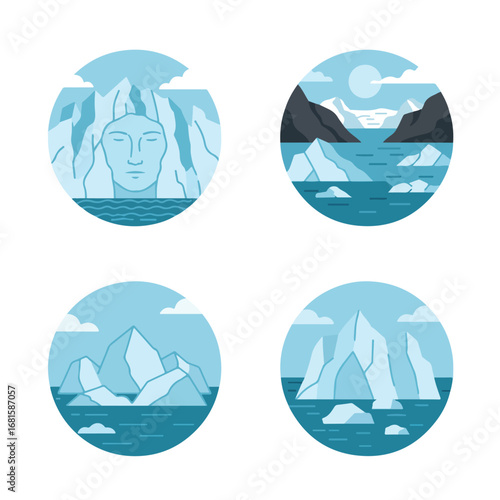 Glacial landscapes with icebergs and mountains in round minimalist icons