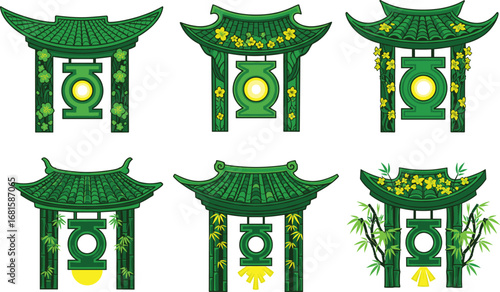 East Asian architecture vector, traditional gateway illustration, green lantern icon, cultural pavilion design, ornate roof structure, decorative columns, heritage motif