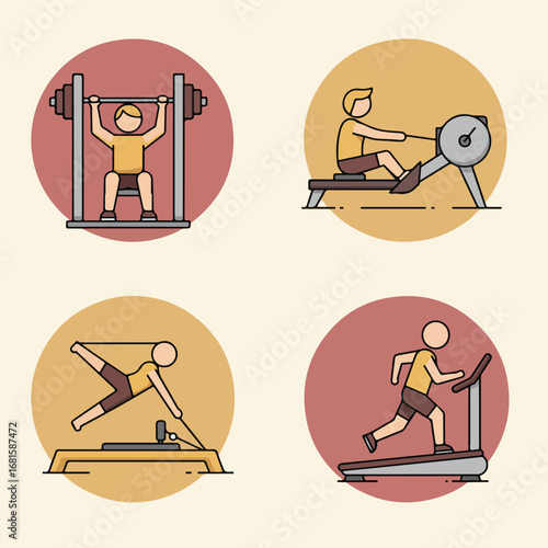 Gym icons weightlifting, rowing, pilates, and treadmill workout in flat style