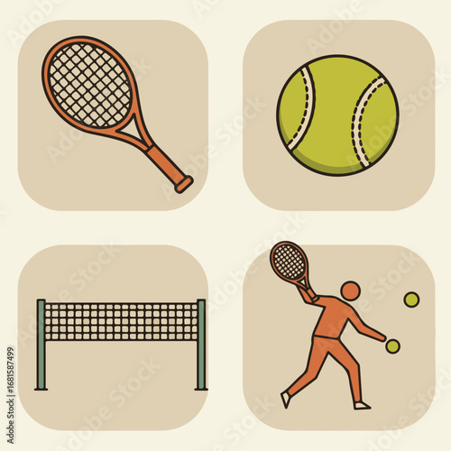 Tennis set ball, racket, net, and player