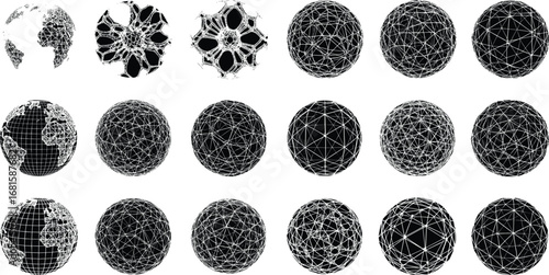 Global sphere grid, abstract Earth visuals, geospatial network icons, data visualization globes, black and white vector, futuristic digital design set