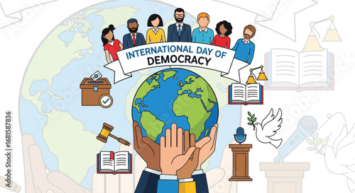 International day of democracy illustration with earth held by hands and diverse people at the top