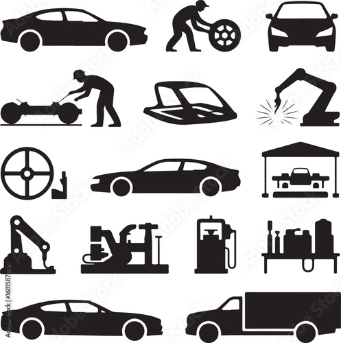 Collection of black and white automotive and industrial icons truck mechanic