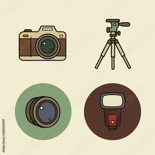 Photo gear Camera, tripod, lens and flash on a light beige backdrop