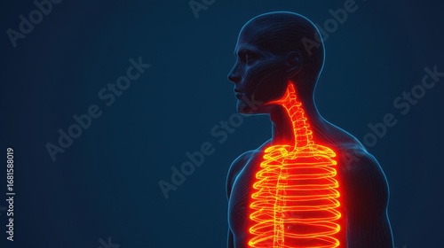 A digital illustration of a human figure highlighting the ribcage and neck with glowing lines, showcasing anatomy in a striking, modern style.