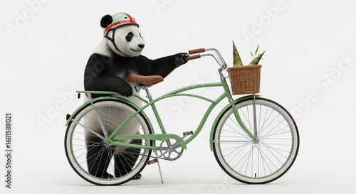 Panda bear riding a green bicycle with bamboo in the basket.