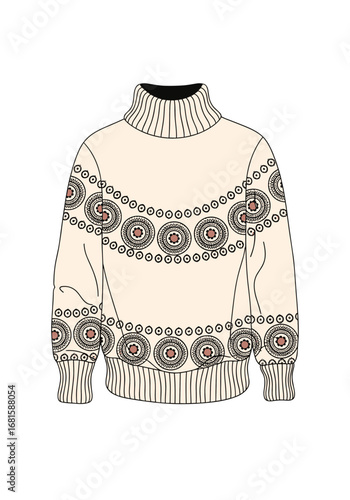 Cozy cream knit sweater with intricate floral pattern and high neckline