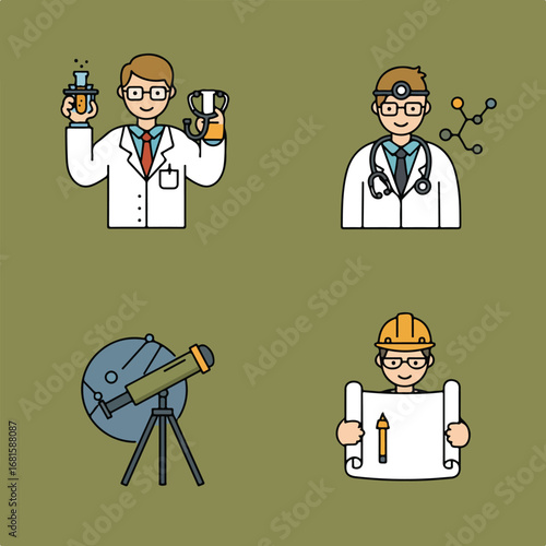 Professionals Set of 4 different careers over brown background