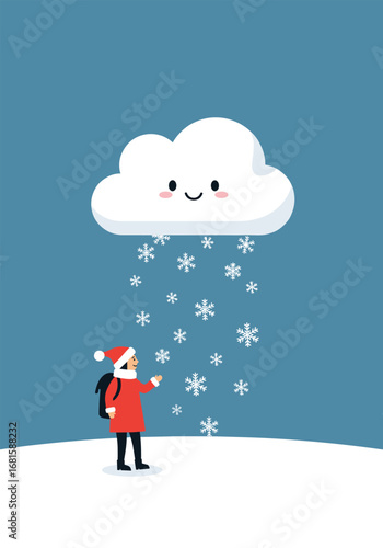 Cute smiling cloud raining snowflakes on a person wearing a santa hat and winter clothes in a snowy landscape