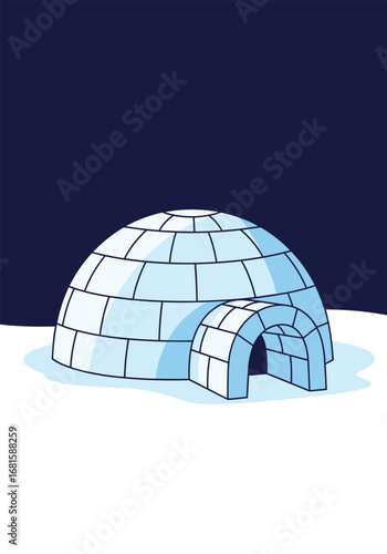 Arctic shelter home made of ice bricks on snowy ground under dark night sky