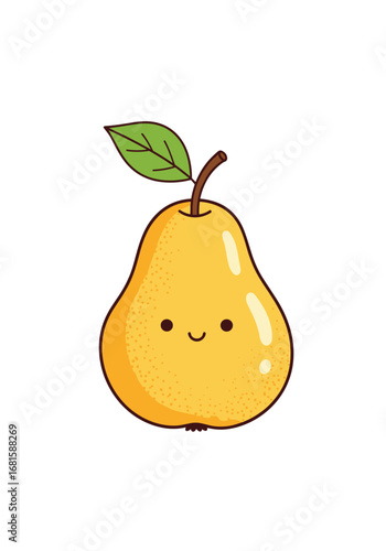 Adorable yellow pear with green leaf and cute face smiling happily