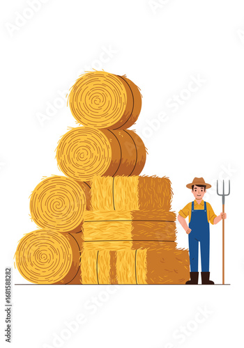 Farmer standing next to tall stack of hay bales holding pitchfork ready for harvest season work