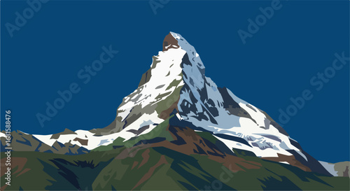 Snowy peak Tall mountain view against a blue sky in simplified vector art