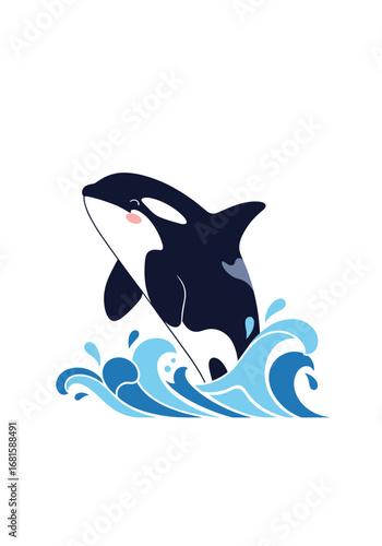 Adorable orca whale jumping over blue waves in ocean scene cute marine animal illustration