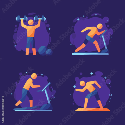 Fitness montage with workout poses, on navy background with violet shapes