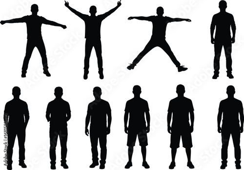 Human silhouette vector, standing and jumping poses, body movement icons, exercise gesture, posture illustration, black figure set, animation reference