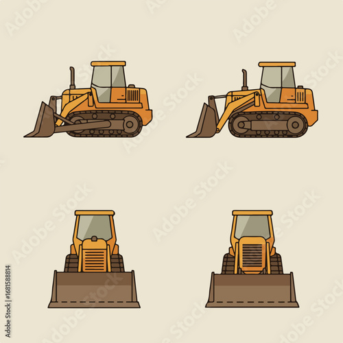 Bulldozers Four orange bulldozers with blades on a plain background