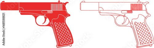 Pistol handgun vector illustration red and white outline weapon