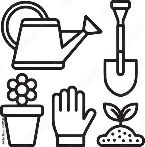 Gardening Outline Icons Set Watering Can Flower Pot Shovel Gloves Seeds and Sprout