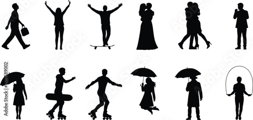 Lifestyle silhouette icons, walking, kissing, umbrella, microphone, skateboard, hoverboard, roller skating, jump rope, black and white vector set