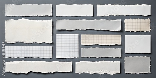 Assorted Torn Paper Pieces Collection Gray Surface Presentation Rough Edges Grid Paper Plain Paper Variety Presentation