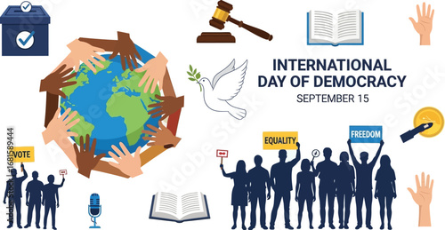 International day of democracy banner with globe hands and silhouettes for september fifteenth date