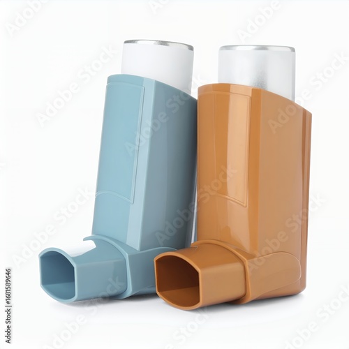Close up of two asthma inhalers in blue and brown on a clean, bright background on white background