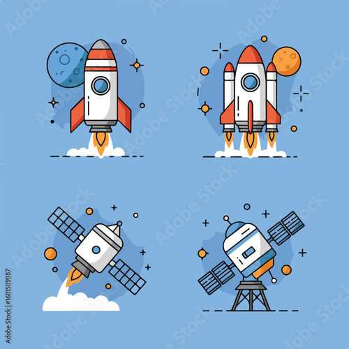 Rocket Set Cartoon spaceships and satellites on blue background