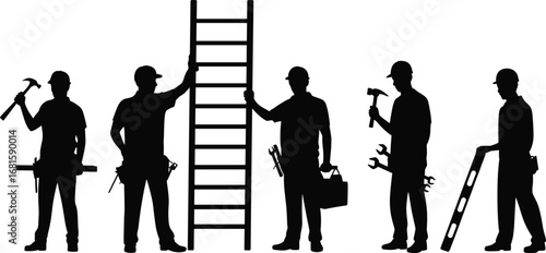 Silhouette of construction workers with tools, ladder, toolbox, gear and belts, teamwork concept, black and white vector, building labor illustration