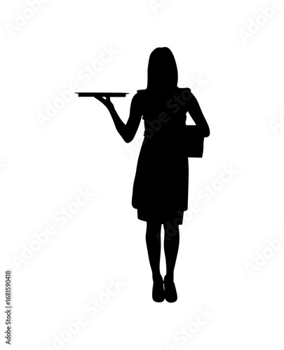 A simple, elegant silhouette of a woman holding a tray.