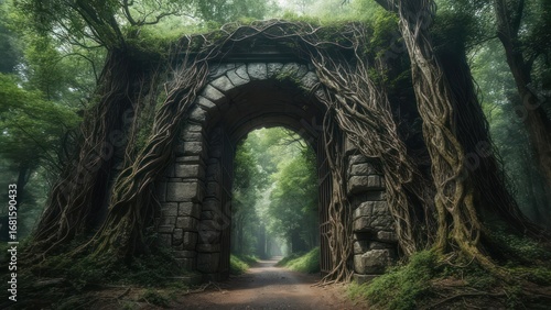 Ancient archway through misty forest