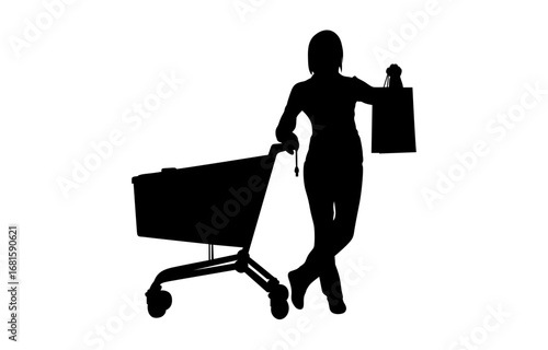 A simple, black silhouette of a woman stands next to a shopping cart, holding shopping bags.