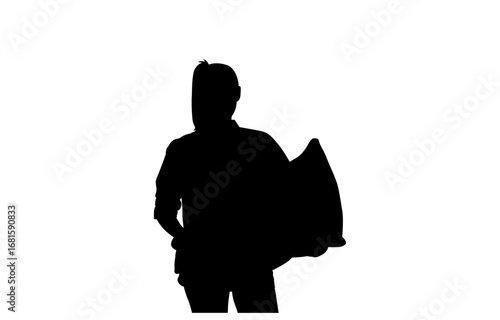 Bold vector silhouette of a person carrying a heavy bag on a white background.