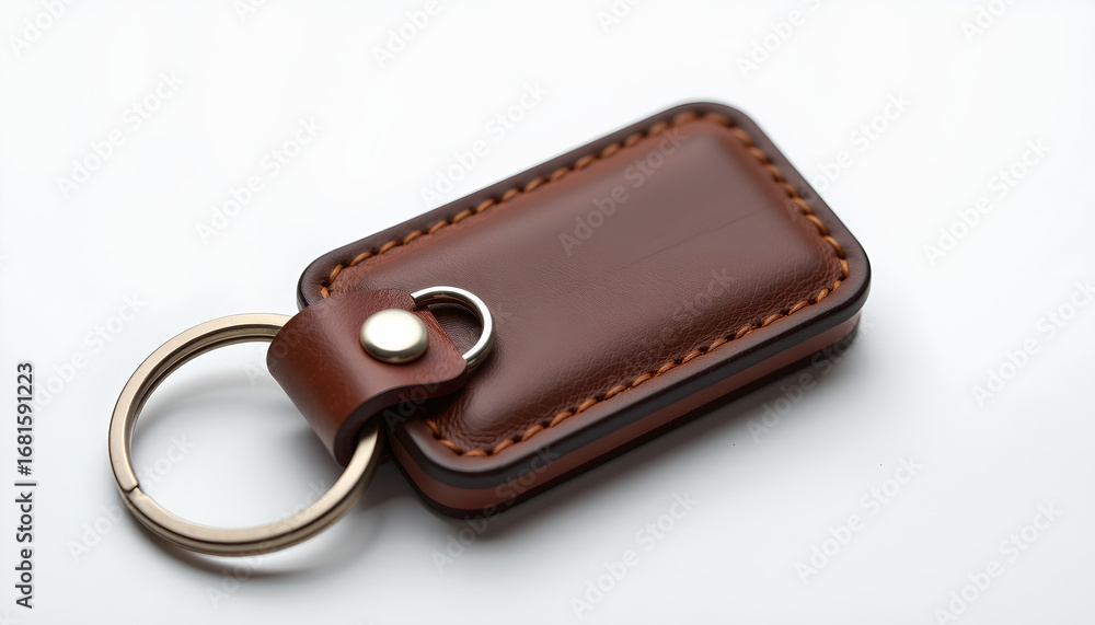 Brown leather keychain, metal ring, stitched edge, rectangular shape, simple design, isolated on white background