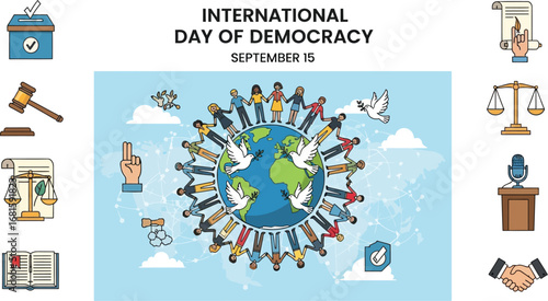 International day of democracy illustration with people around the world and peace doves flying