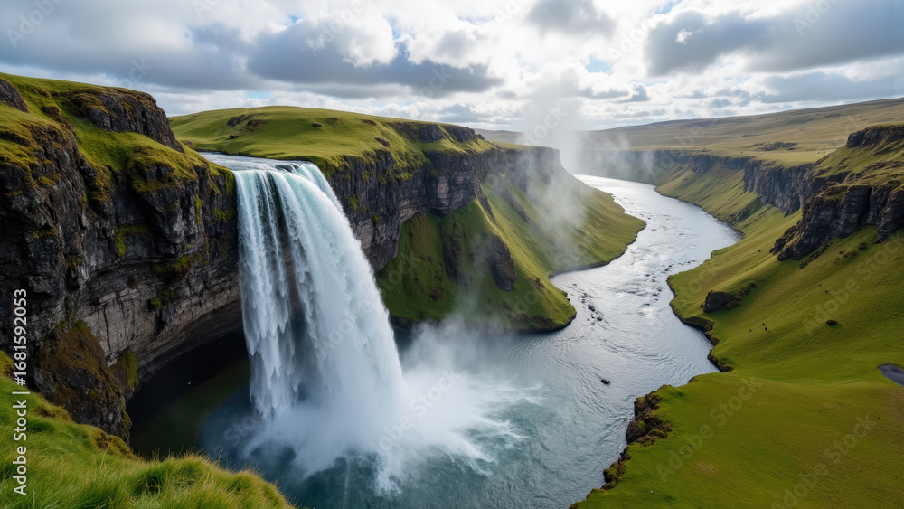 Fototapeta premium Majestic waterfall cascading down rocky cliffs into serene river, surrounded by lush green hills and dramatic clouds. Nature beauty captivates