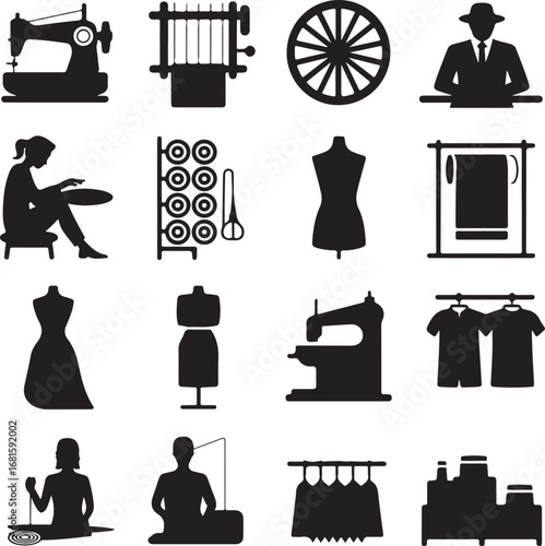 Sewing and fashion industry icons set sewing machine loom