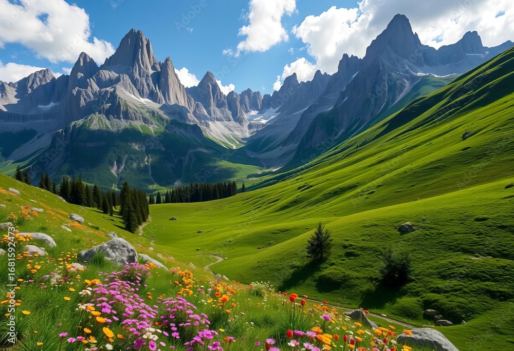 Fototapeta premium Jagged peaks rise above a serene alpine valley, wildflowers dotting green meadows, beautiful, rocks