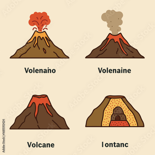 Four volcano diagrams, in eruption states, and internal sections shown
