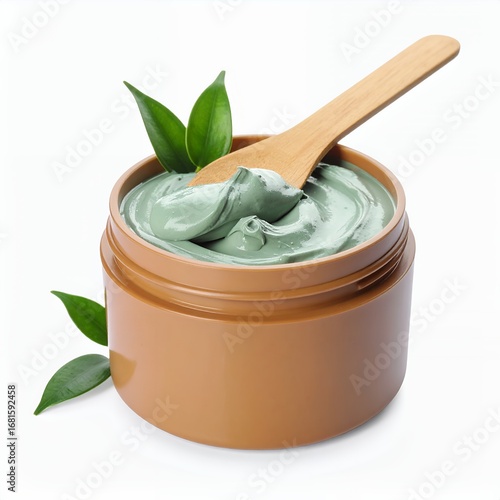 Relaxing cosmetic clay in a jar with a wooden spoon and leaves on white background