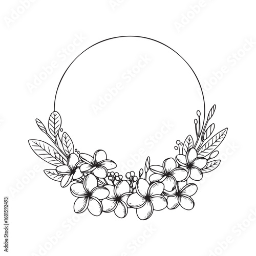 Hand drawn floral wreath with plumeria flowers isolated on white background