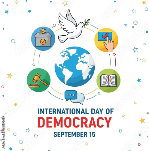 International day of democracy illustration with earth dove and symbols of freedom and justice around it
