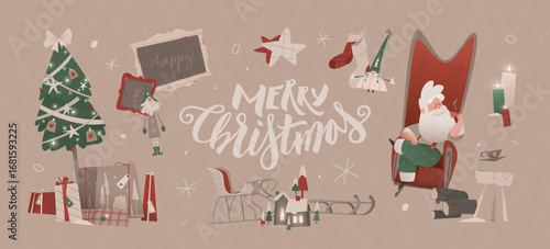 Merry Christmas postcard with Santa Claus relaxing in a cozy armchair, drinking coffee near a decorated Christmas tree with gifts, garlands, and festive decorations.