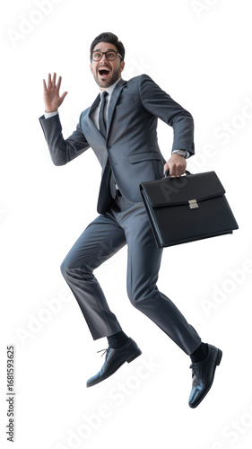 Excited businessman in suit running with briefcase isolated on transparent background