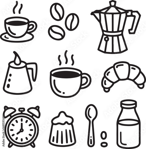 Coffee Shop Outline Icons Set Cup Mug Beans Espresso Machine Grinder Latte Art Croissant and Barista Tools