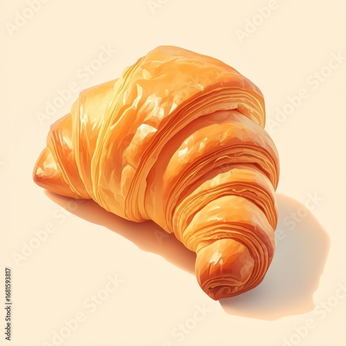 A shiny golden brown croissant with flaky layers sits on the left side, casting a soft shadow to the right,